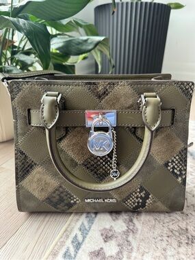 Michael Kors Olive Patchwork Satchel NWOT Crossbody Bag Snake Embossed